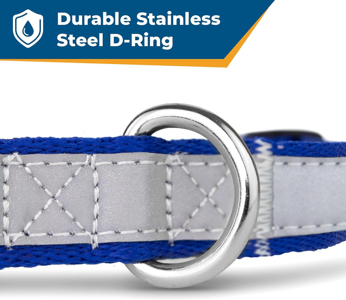 Close-up of Personalized Engraved Reflective Dog Collar showcasing durable stainless steel D-ring on a white background