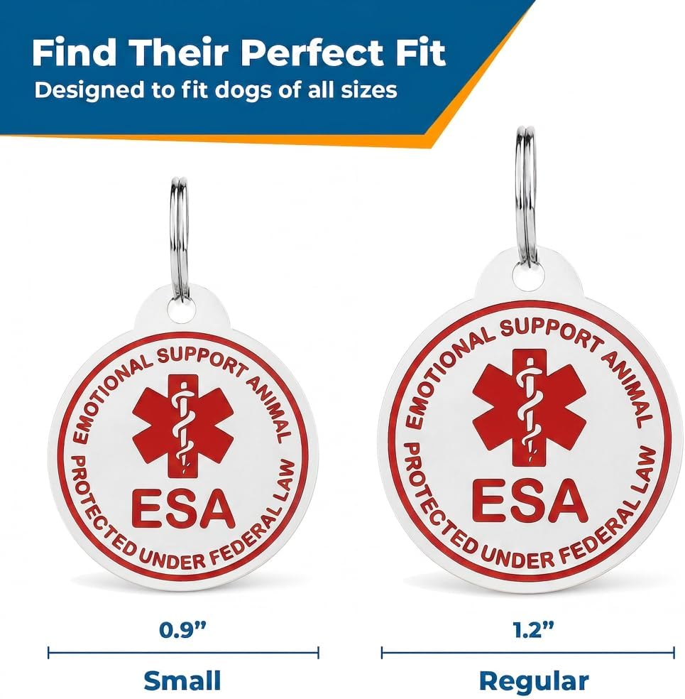Find Their Perfect Fit with ESA Pet ID Tags in 0.9 and 1.2 inch widths and red medical alert symbols
