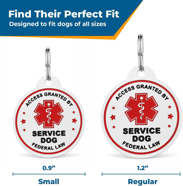 Service Dog ID Tags in small and regular sizes with red medical alert symbols, measuring 0.9 and 1.2 inches wide