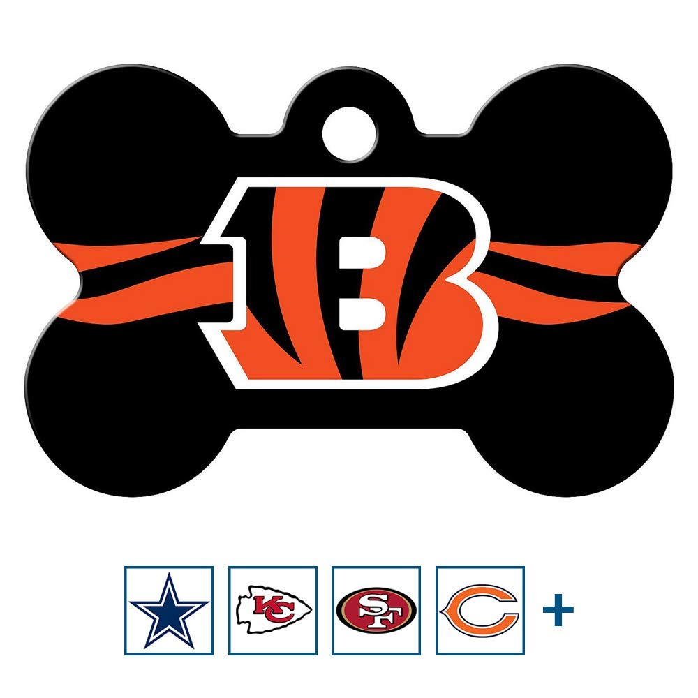 Front view of brass bone dog ID tag showcasing Cincinnati Bengals logo and orange tiger-stripe design on white background