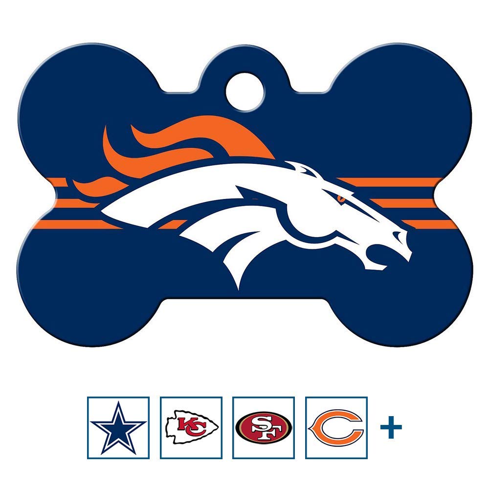 Front view of brass bone-shaped Denver Broncos dog tag with team logo, orange stripes, and keyring hole on white background