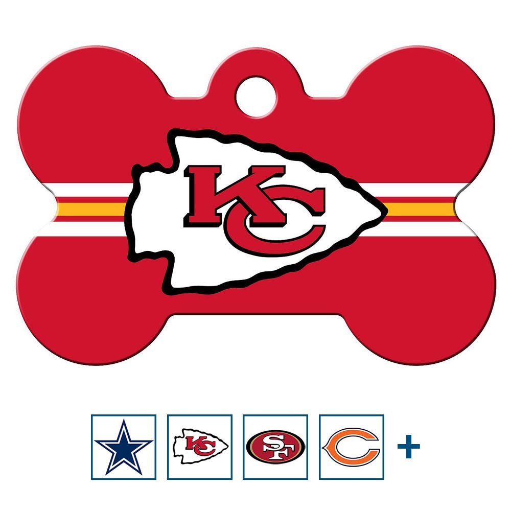 GoTags Personalized Brass Metal Bone Shape Pet ID Tag Engraved with Name and Custom Text, Every NFL Football Team Pet Apparel (Large)