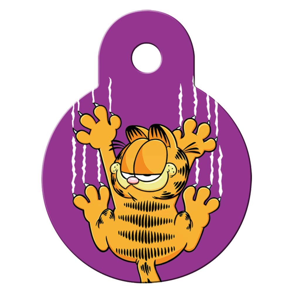 Front view of Garfield & Odie dog ID tag showcasing Garfield climbing graphic on purple background with top attachment hole