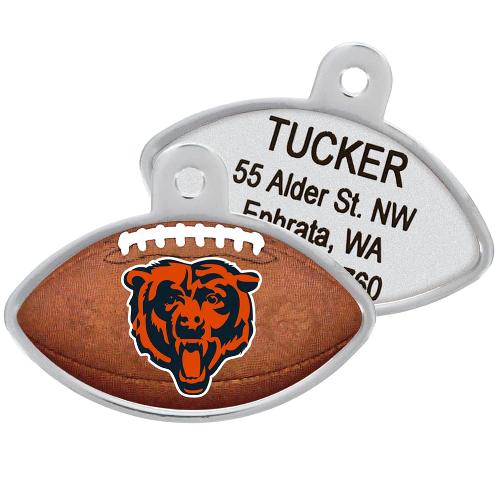 Front and back of NFL football-shaped dog ID tag showing team logo and sample engraved pet name on white background