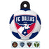 Front view of MLS round dog ID tag showcasing FC Dallas club crest on a soccer-ball background with top mounting hole on white background