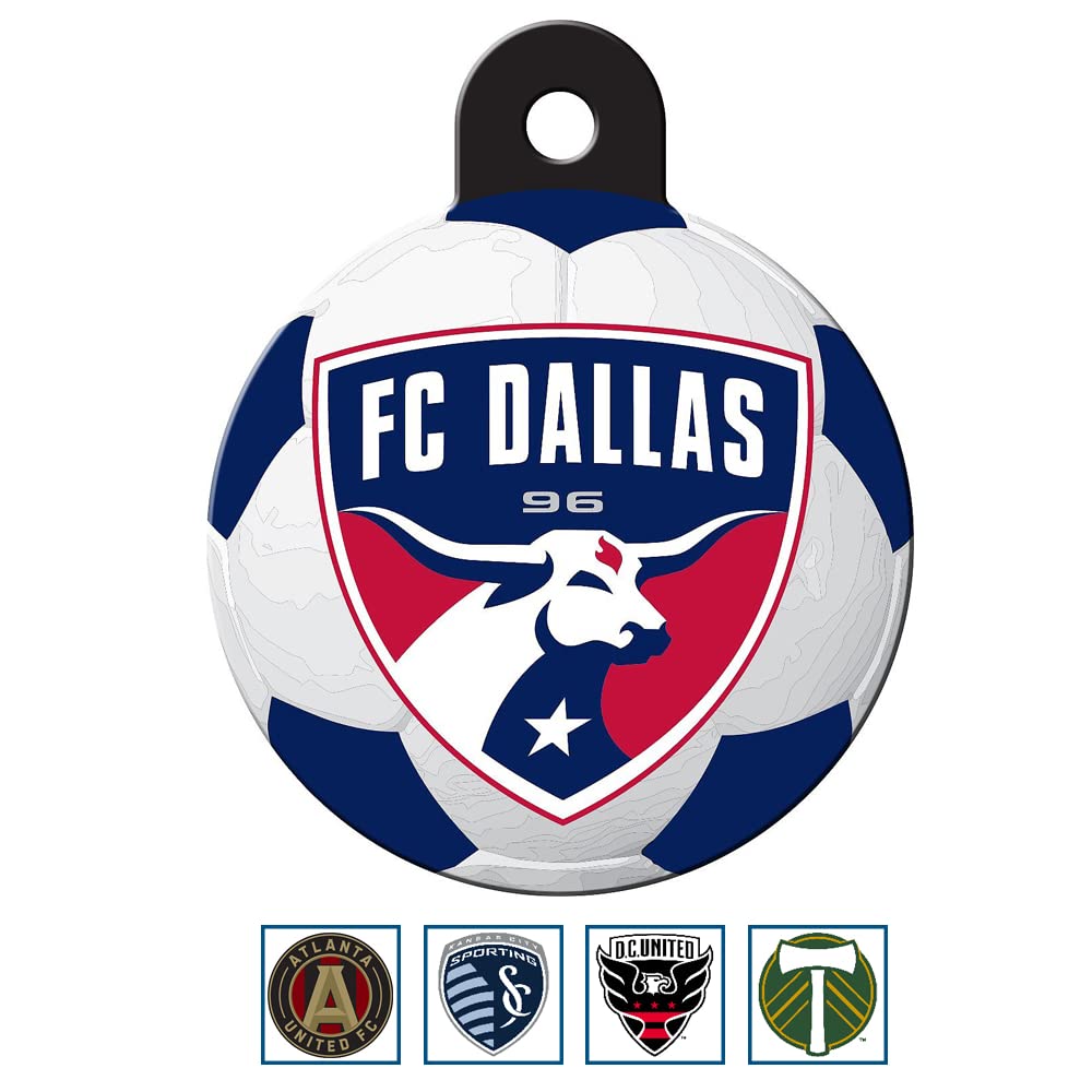 Front view of MLS round dog ID tag showcasing FC Dallas club crest on a soccer-ball background with top mounting hole on white background