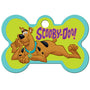 Front view of bone-shaped Scooby-Doo dog ID tag showcasing full-color Scooby-Doo illustration and ring hole on white background