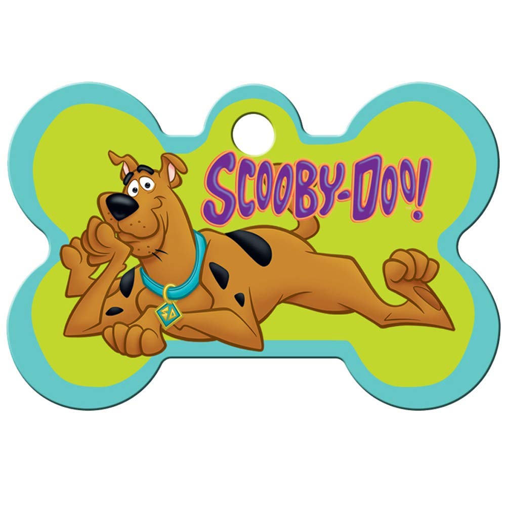 Front view of bone-shaped Scooby-Doo dog ID tag showcasing full-color Scooby-Doo illustration and ring hole on white background