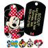 Front and back of Minnie Mouse dog tag showing Minnie artwork and sample laser-engraved contact lines on black background