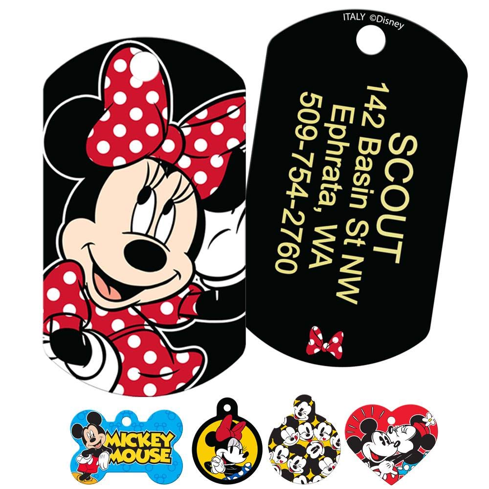 Front and back of Minnie Mouse dog tag showing Minnie artwork and sample laser-engraved contact lines on black background