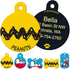 Front and back of Peanuts Dog ID Tag showing Charlie Brown chevron artwork on brass and example engraved contact info