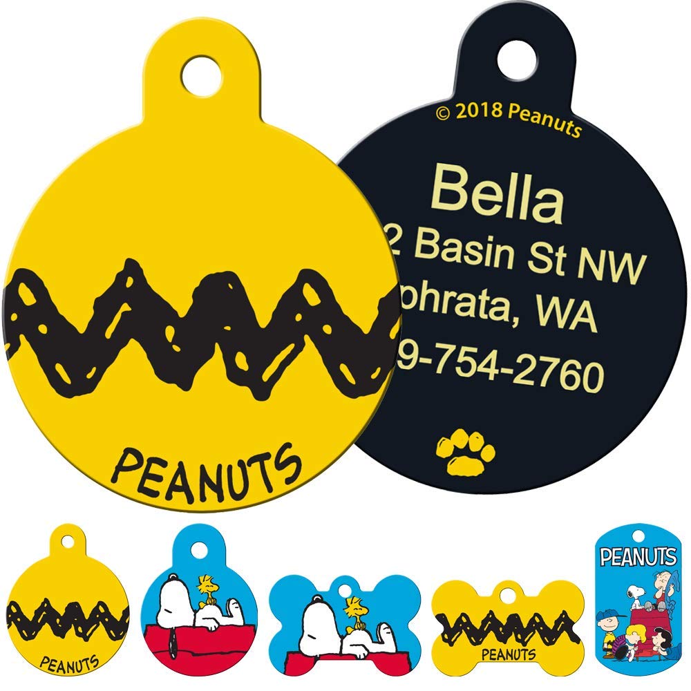 Front and back of Peanuts Dog ID Tag showing Charlie Brown chevron artwork on brass and example engraved contact info
