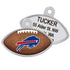 Front and back of football-shaped NFL dog ID tag showing full-color Bills logo and laser-engraved personalized back on white
