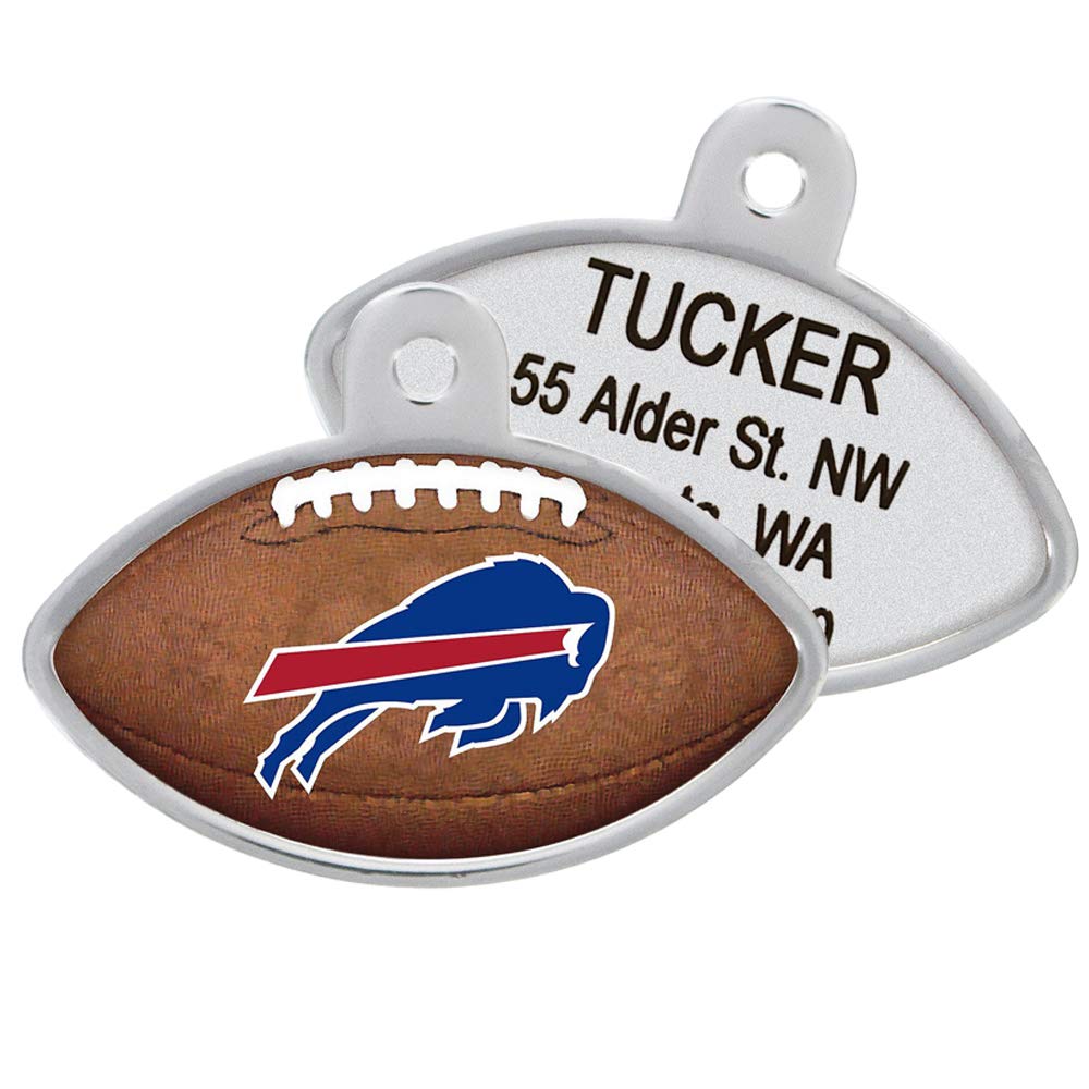 Front and back of football-shaped NFL dog ID tag showing full-color Bills logo and laser-engraved personalized back on white