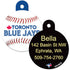 Front and back of MLB round dog ID tag featuring Toronto Blue Jays logo and a black engraved back with sample name and phone