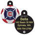 Front and back of Chicago Fire MLS round dog ID tag showing club crest and engraved back on white