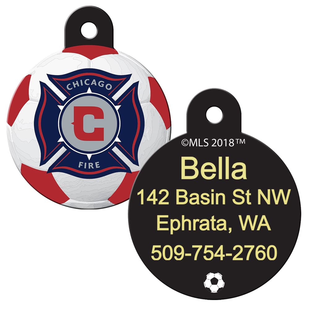 Front and back of Chicago Fire MLS round dog ID tag showing club crest and engraved back on white