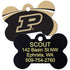 Front and back of bone-shaped NCAA dog ID tag showing Purdue logo and laser-engraved personalization on white background