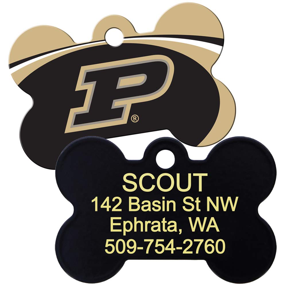 Front and back of bone-shaped NCAA dog ID tag showing Purdue logo and laser-engraved personalization on white background