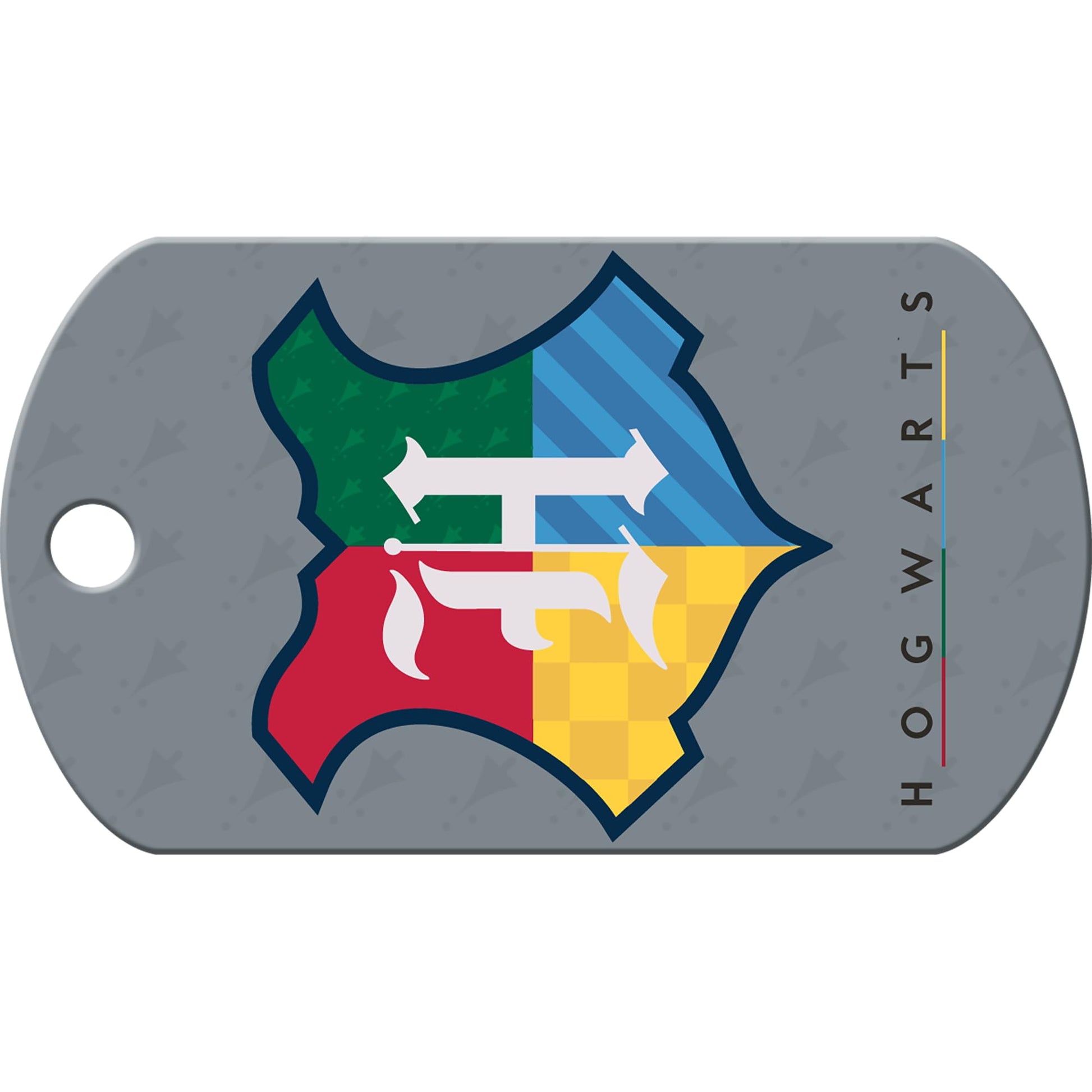 Close-up of Harry Potter dog ID tag showing Hogwarts crest and engraved personalization area on gray background