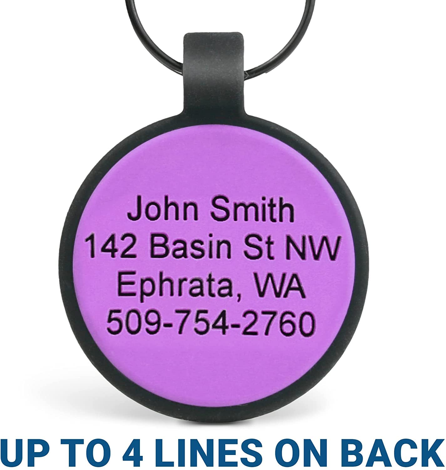 Close-up front view of two-tone silicone dog tag showcasing engraved sample name, address and phone on purple center with black ring