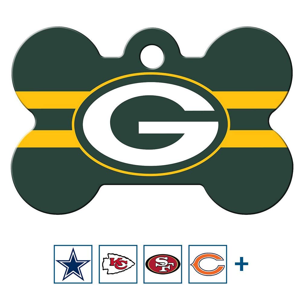 GoTags Personalized Brass Metal Bone Shape Pet ID Tag Engraved with Name and Custom Text, Every NFL Football Team Pet Apparel (Large)