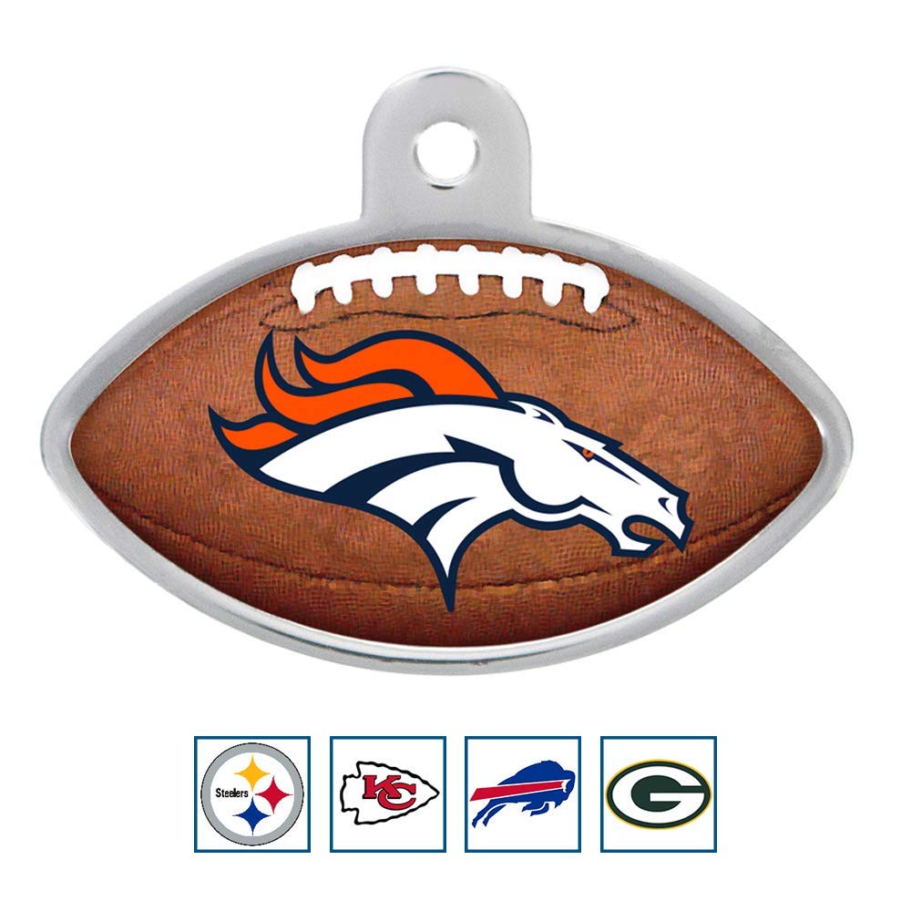 Front view of football-shaped dog ID tag showcasing Denver Broncos full-color logo on textured football background with silver edge and attachment hole