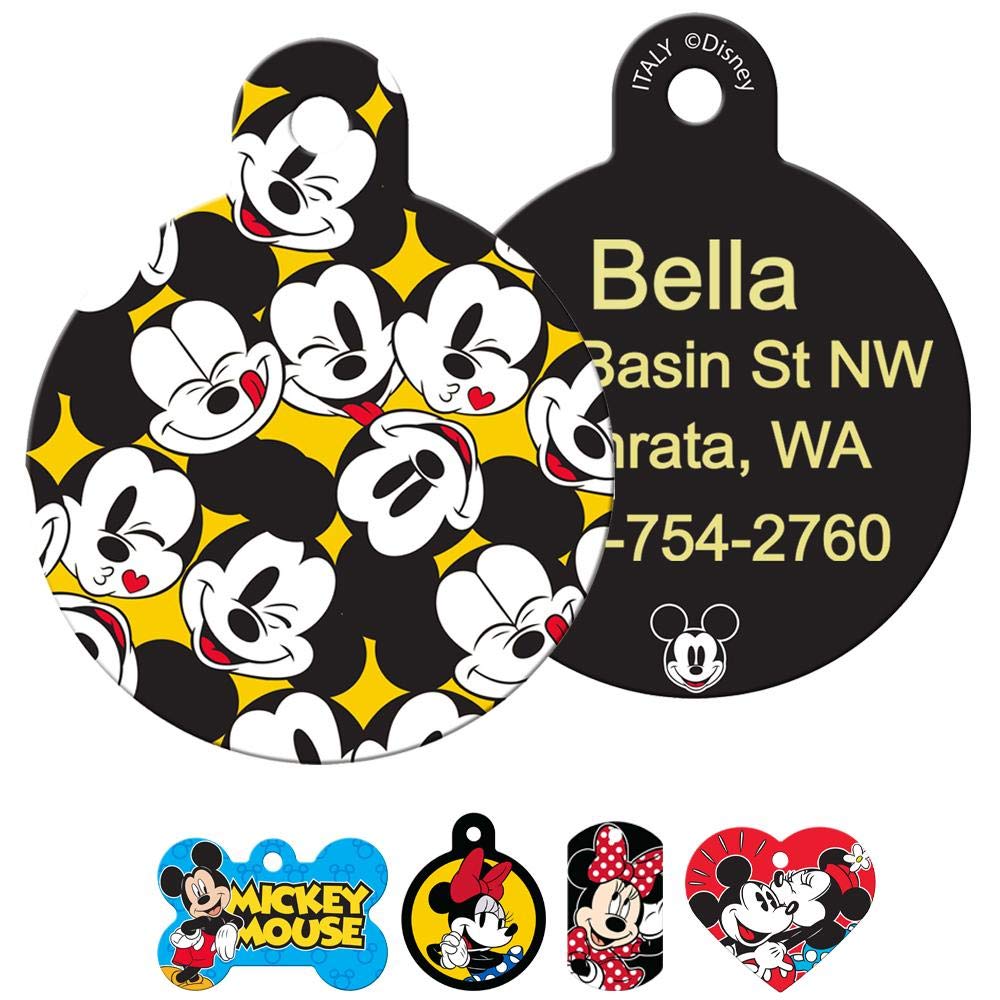 Front and back of Mickey & Minnie Mouse ID tag showing Mickey faces pattern on front and sample laser-engraved contact info on black back