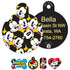 Front and back of Mickey & Minnie Mouse ID tag showing Mickey faces pattern on front and sample laser-engraved contact info on black back