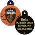 Front and back of NBA team round dog ID tag showing Cleveland Cavaliers logo and engraved back reading Bella and phone number, 1.25 x 1 in