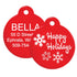 Front and back view of red Christmas dog ID tag showcasing Happy Holidays design, sample engraved back, and glow in the dark silencer on white background