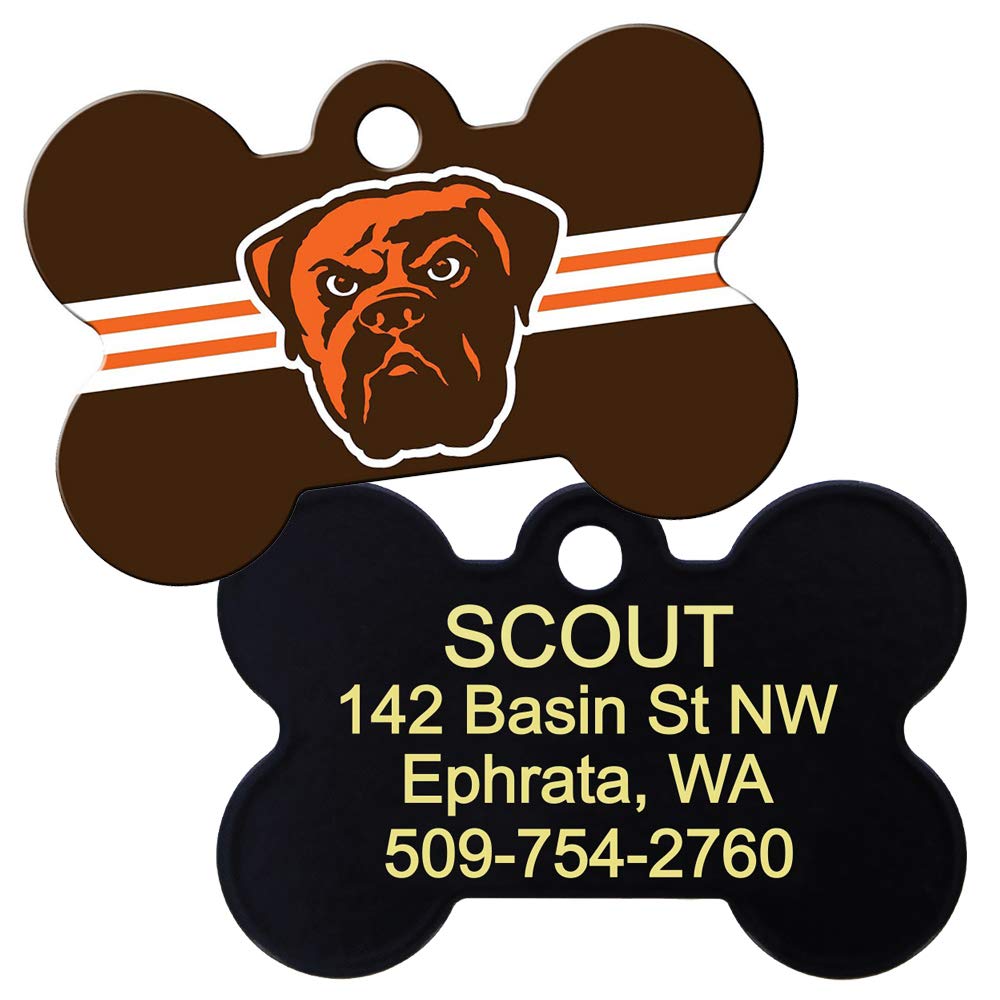 GoTags Personalized Brass Metal Bone Shape Pet ID Tag Engraved with Name and Custom Text, Every NFL Football Team Pet Apparel (Large)