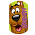 Front view of Scooby-Doo dog ID tag showcasing full-color Scooby face and vertical Scooby-Doo text on a lime green background