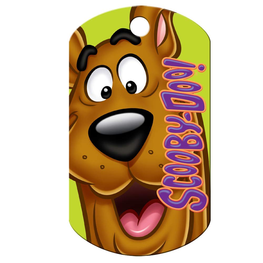 Front view of Scooby-Doo dog ID tag showcasing full-color Scooby face and vertical Scooby-Doo text on a lime green background