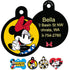 Front and back view of Mickey & Minnie Mouse dog ID tags showing Minnie artwork and sample engraved name and phone