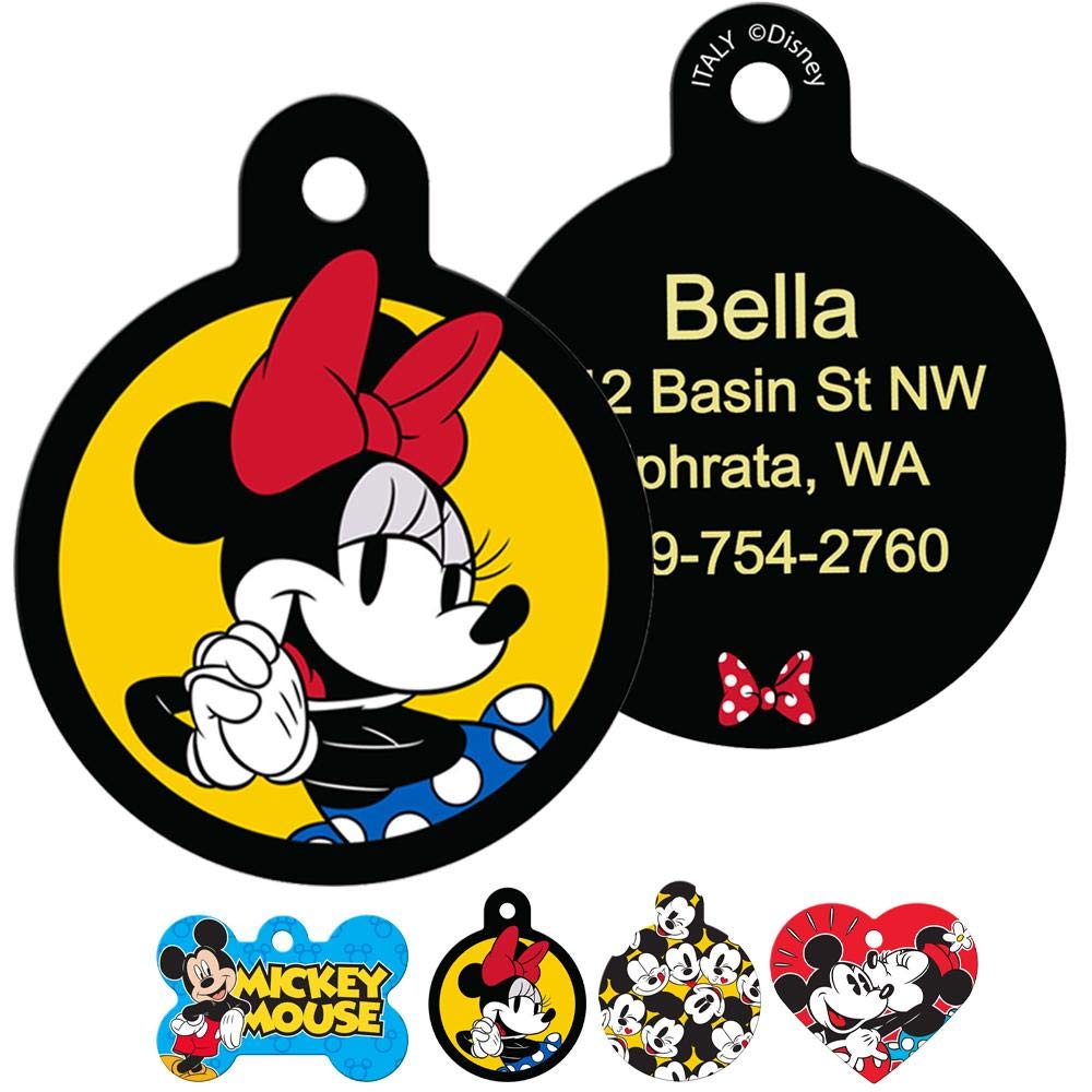 Front and back view of Mickey & Minnie Mouse dog ID tags showing Minnie artwork and sample engraved name and phone