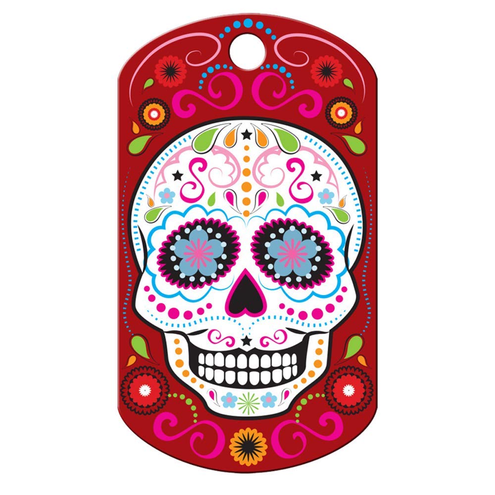 Front view of Day of the Dead dog ID tag showing colorful sugar-skull design on red background with top hole for ring