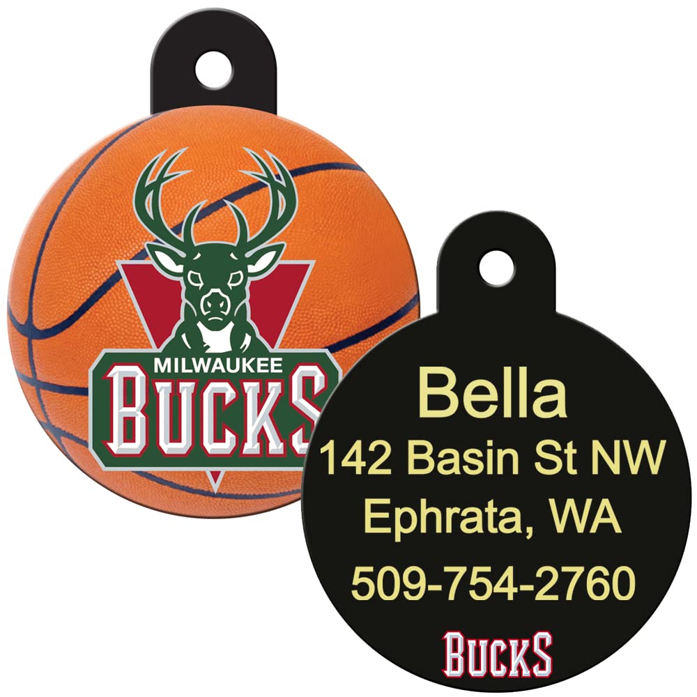 Front and back of Milwaukee Bucks round dog ID tag showcasing UV cured team logo and laser engraved personalized back on white background
