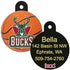 Front and back of Milwaukee Bucks round dog ID tag showcasing UV cured team logo and laser engraved personalized back on white background