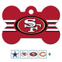 Front view of brass bone-shaped dog ID tag featuring San Francisco 49ers logo and red stripe design on white background