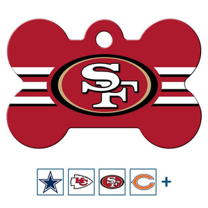 Front view of brass bone-shaped dog ID tag featuring San Francisco 49ers logo and red stripe design on white background