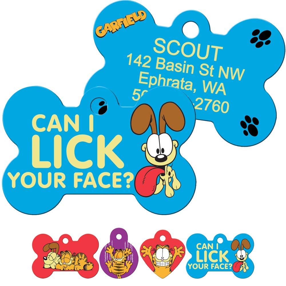 Front and back of Garfield & Odie bone dog tag showing Odie with Can I Lick Your Face text and sample engraved contact info