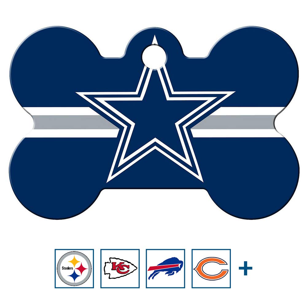 GoTags Personalized Brass Metal Bone Shape Pet ID Tag Engraved with Name and Custom Text, Every NFL Football Team Pet Apparel (Large)