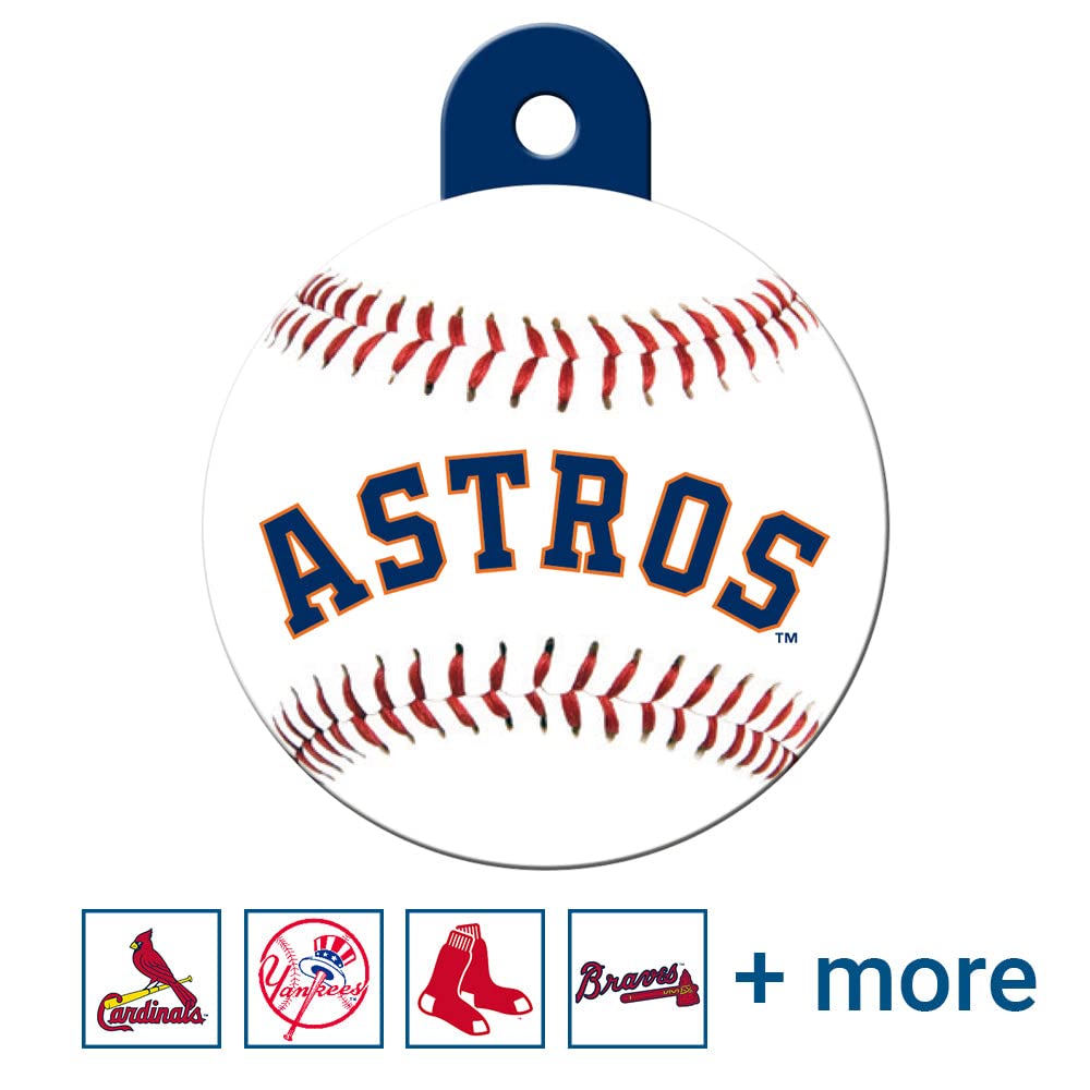 Front view of MLB Team round dog ID tag showcasing Houston Astros logo on baseball-style face with blue attachment tab on white background