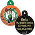 Front and back of 1.25 x 1 in solid brass NBA dog ID tag showcasing Boston Celtics logo on front and engraved name, address and phone on black back