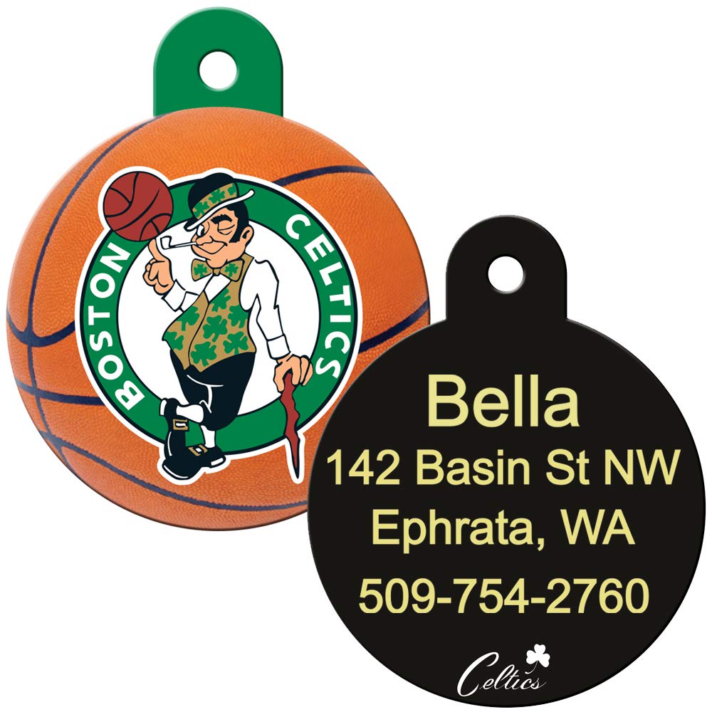 Front and back of 1.25 x 1 in solid brass NBA dog ID tag showcasing Boston Celtics logo on front and engraved name, address and phone on black back