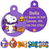 Front and back of round purple Halloween Snoopy dog ID tag showing Snoopy artwork and sample engraved contact info on white background