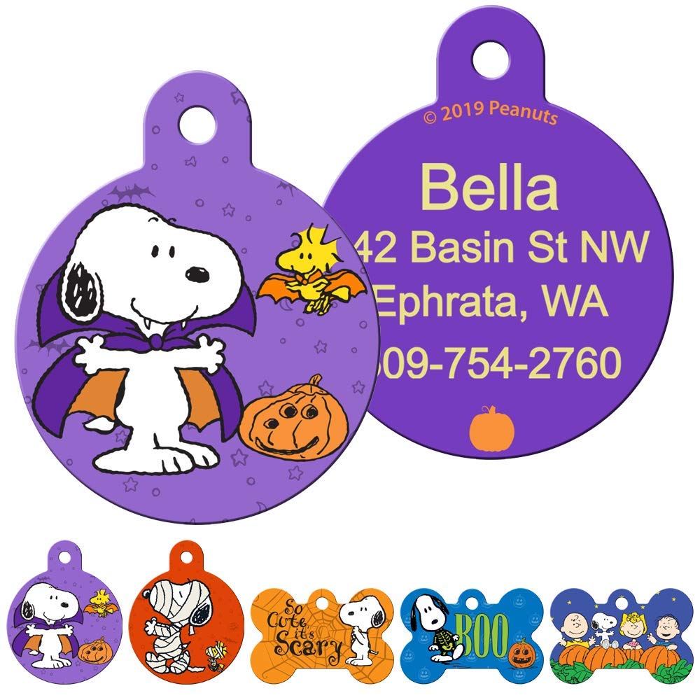 Front and back of round purple Halloween Snoopy dog ID tag showing Snoopy artwork and sample engraved contact info on white background