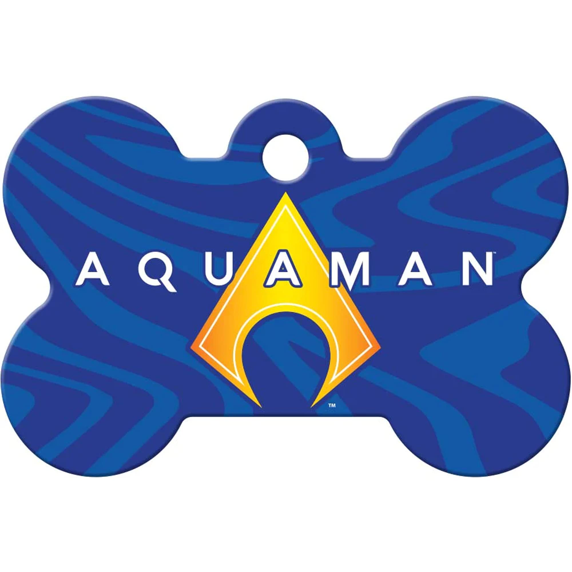Front of bone-shaped DC Comics Aquaman dog ID tag with yellow Aquaman logo on blue wave background and top keyring hole