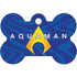 Front of bone-shaped DC Comics Aquaman dog ID tag with yellow Aquaman logo on blue wave background and top keyring hole